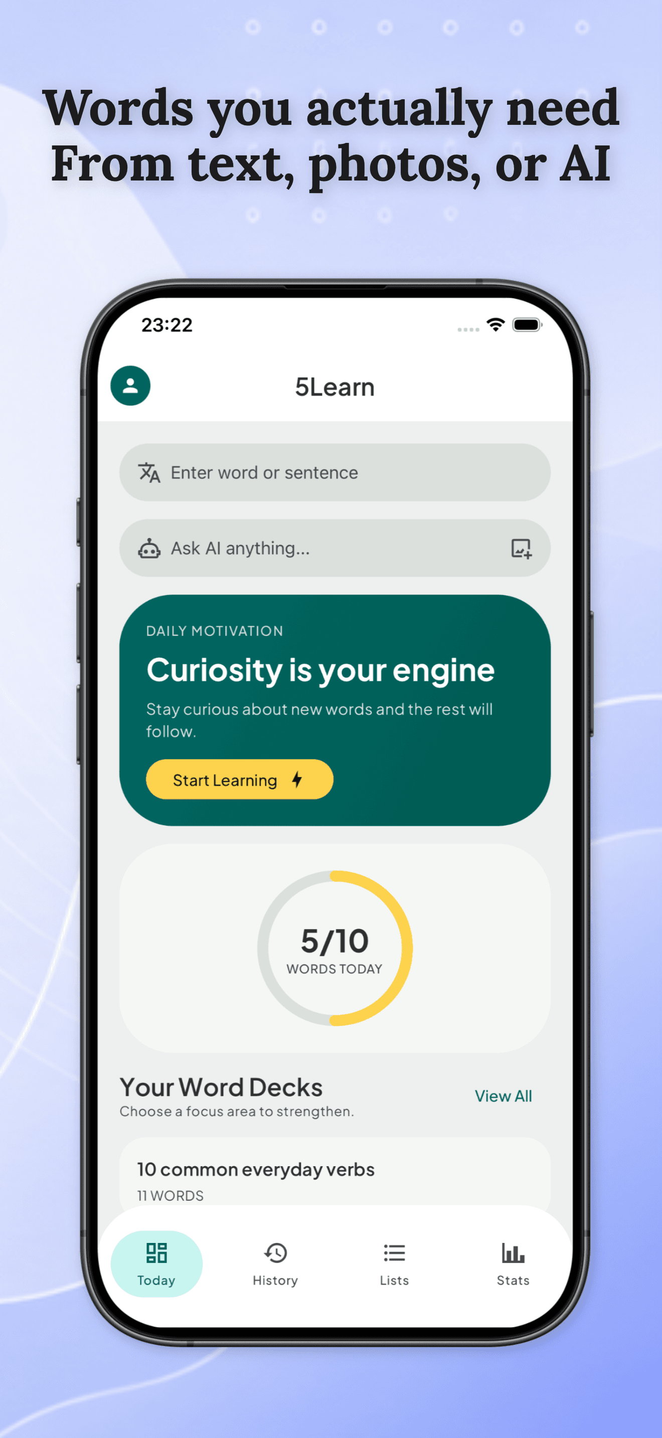 5Learn home screen with word decks and daily progress